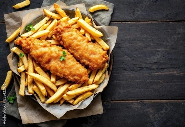 Fototapeta fish and chips traditional english food top view copy space