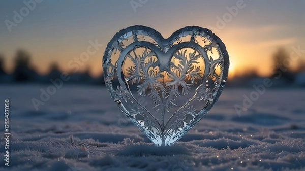 Obraz A stunning heart-shaped ice sculpture glistens in the snow, capturing the beauty of winter's artistry. 