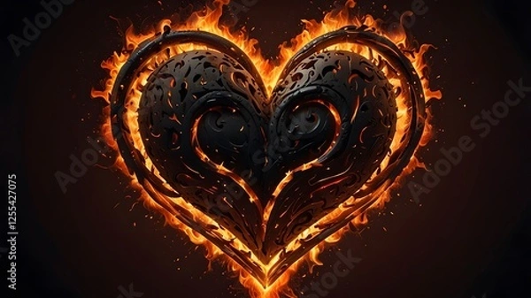 Obraz A vibrant heart-shaped flame flickers with bright orange and yellow hues, radiating warmth and passion.