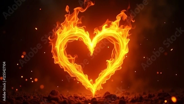 Obraz A glowing heart-shaped flame flickers brightly against a deep black background, radiating warmth and passion.