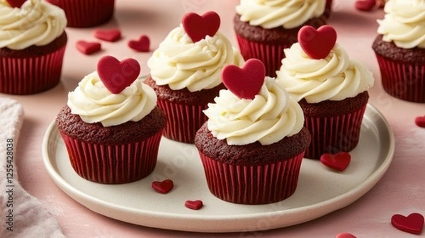 Fototapeta Close-up of red velvet cupcakes topped with creamy frosting and heart decorations, arranged on a white plate with a romantic pink and red theme.