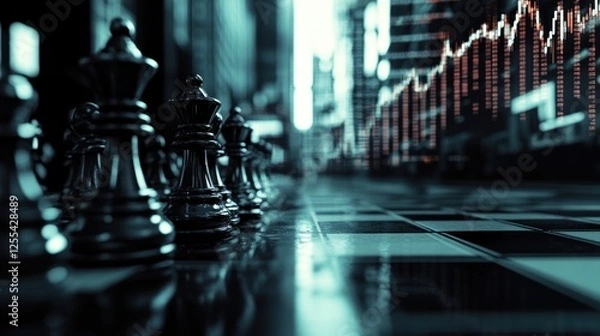 Fototapeta Metallic chess pieces align under a glowing stock market graph merging strategy with finance