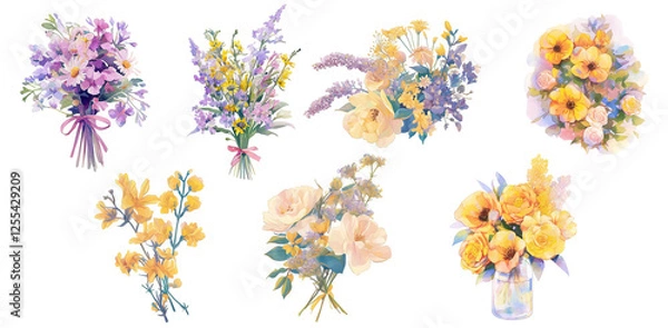 Fototapeta Bundled Collection of flower paintings, colorful bouquets.