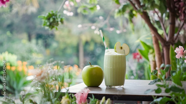 Fototapeta A close-up of a glass filled with green apple smoothie next to a fresh green apple on a table, set against a soft, vibrant nature-themed background with greenery and flowers. 