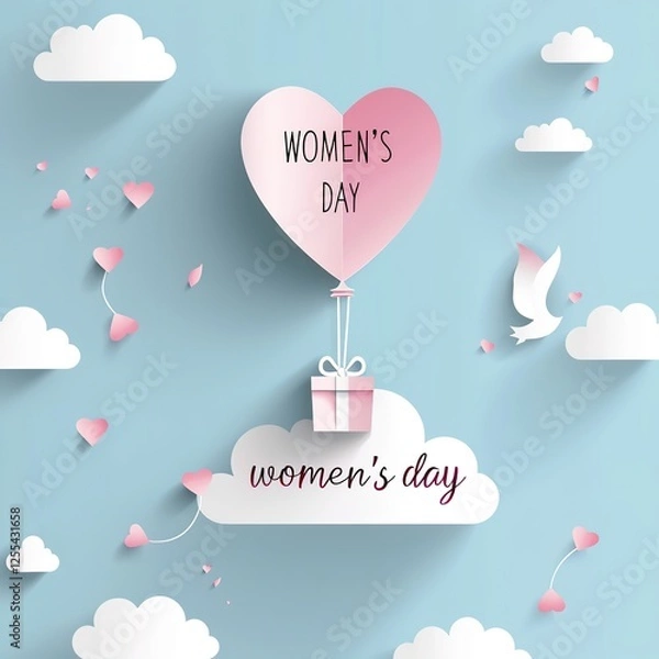 Fototapeta Women's  Day Celebration with Pink Heart-Shaped Balloon Flying in the Sky and Gift Box on White Paper Cut Clouds. Minimalistic Vector Graphic Design for Women's Day Web Banner, Featuring Calligraphy T