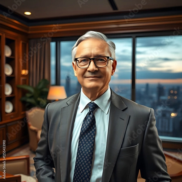Obraz A middle-aged man dressed elegantly, dressed in traditional tailored suits, neat ties, glasses, and standing in a luxurious office background. His expression is full of confidence and intelligence.