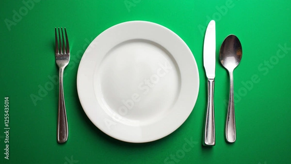 Fototapeta Elegant St. Patrick's Day Table Setting with White Plate, Silver Cutlery & Green Background – Ideal for Menus, Flyers & Digital Ads.
