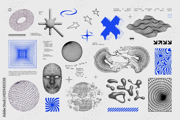 Fototapeta Bitmap 3D shapes, graphic box. Liquid, decay and glitch effect elements set. Pixel noise effect, y2k universal geometric shapes. 3D elements in 8 bit style. Retro Sci-fi vibe. Vector bitmap pack.