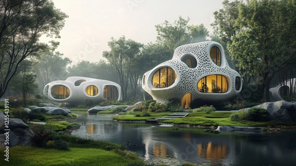 Obraz Modern organic houses with rounded shapes by the water, surrounded by green forest. Harmony of architecture and nature.