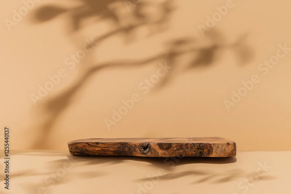 Fototapeta Table with rustic wood podium for food, cosmetic products, perfumes against beige background. Front view.	
