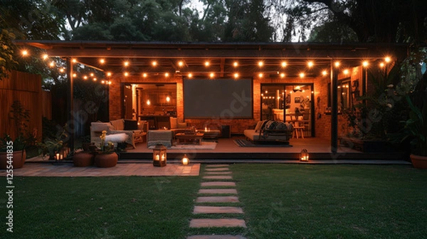 Obraz Modern outdoor living room with projector and string lights. Candles add coziness and a soft evening vibe.