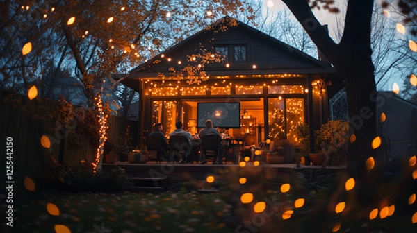 Obraz Backyard with string lights and projector. Family watching a movie in a cozy evening autumn atmosphere.