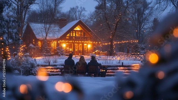 Obraz Winter evening near a wooden house with lights. People by the fire enjoying cozy atmosphere and snowy scenery.
