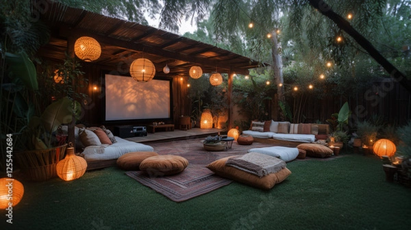 Obraz Cozy outdoor cinema with pillows, string lights and screen. Evening relaxation atmosphere in nature.
