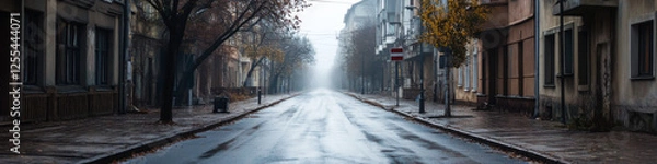 Fototapeta deserted urban street on foggy morning, with wet pavement and autumn trees lining sidewalks.