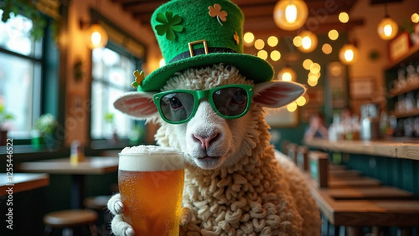 Fototapeta Festive Sheep in a Rustic Pub with Green Hat & Sunglasses: A Humorous St. Patrick's Day Portrait Perfect for Holiday Promotions, Event Branding & Digital Ads
