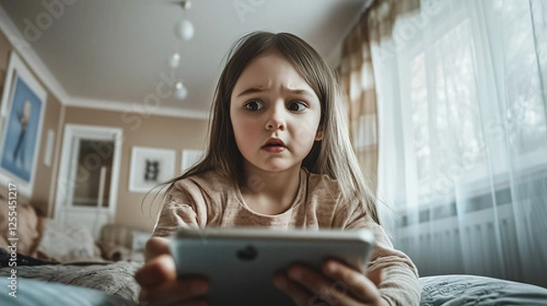 Obraz Little girl looks frightened while staring at a tablet screen in her room. Digital anxiety and emotional response.