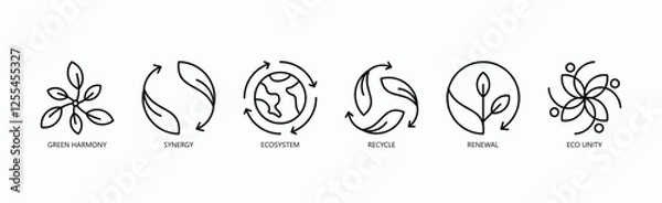Fototapeta Sustainable Synergy Icon Set Isolated Vector With Icon Of Green Harmony, Synergy, Ecosystem, Recycle, Renewal, Eco Unity In Outline Style