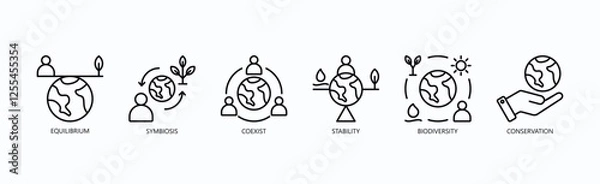 Fototapeta Harmony In Balance Icon Set Isolated Vector With Icon Of Equilibrium, Symbiosis, Coexist, Stability, Biodiversity, Conservation In Outline Style