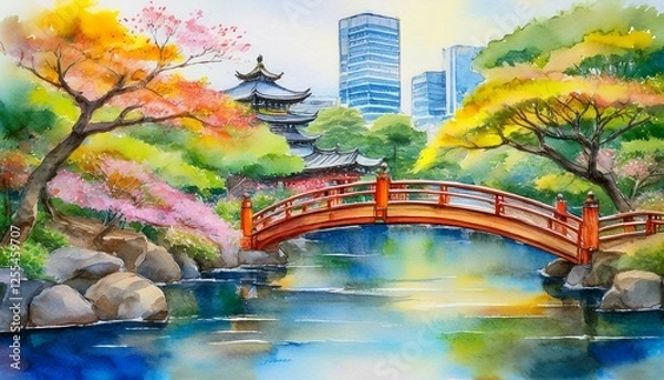 Fototapeta Discover the serene beauty of Nakanoshima Park, a picturesque park where you can enjoy leisurely strolls, relax amidst lush greenery, and appreciate the stunning Osaka cityscape.