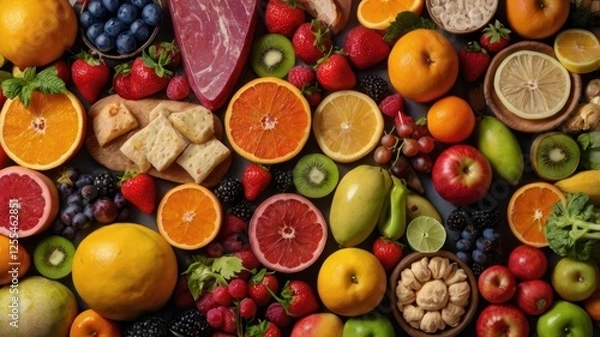 Fototapeta Assorted fresh fruits including apples bananas oranges and berries arranged on a wooden table