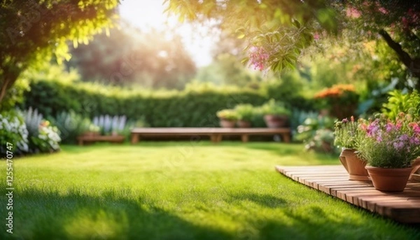 Fototapeta beautiful garden with blur background blurred summer background free space