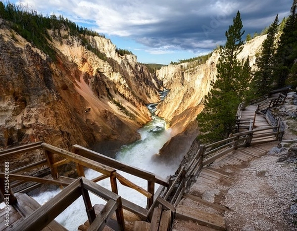Fototapeta stormy river flows in a narrow gorge in the rocks steps down to the bottom of the gorge uncle toms trail on the grand canyon of the yellowstone national park wyoming