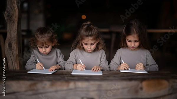 Obraz Three young girls are focused on drawing or writing at a rustic wooden table. Education, creativity, and childhood in one frame.