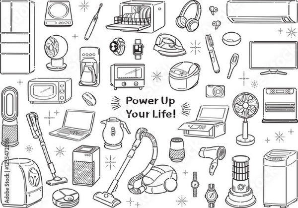 Obraz 家電のイラストセット　新生活・一人暮らし応援　線画