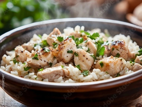 Fototapeta A steaming bowl of chicken and rice. Featuring tender chicken pieces and flavorful rice. Highlighting a comforting and delicious meal. Ideal for recipe books and food blogs.