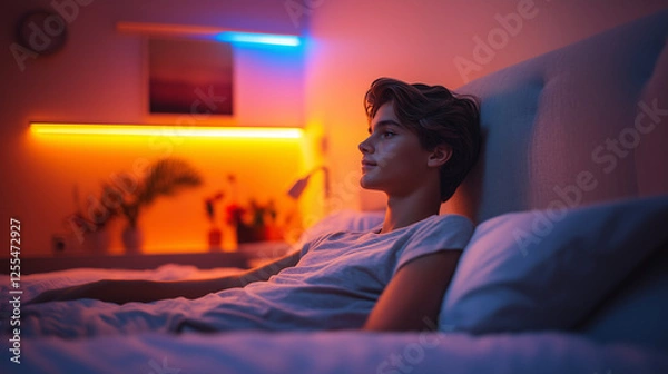 Obraz A teenage boy lies on a bed bathed in warm neon lighting, gazing at the ceiling. A scene of solitude, contemplation, and digital aesthetics.
