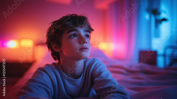 Obraz A teenage boy lies on a bed, gazing thoughtfully into the distance in a cozy room lit with pink and blue neon lights. Calm and dreamy atmosphere.