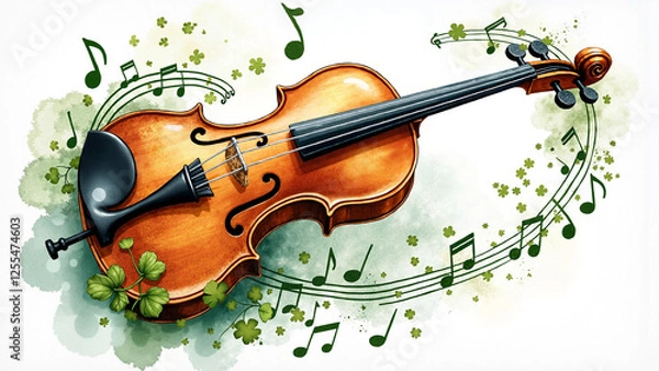 Fototapeta Captivating Watercolor Irish Fiddle Illustration with Flowing Musical Notes for St. Patrick's Day Event Promotion, Poster, and Branding Use