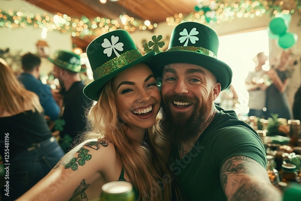 Fototapeta Group of diverse friends enjoying at party in the bar and taking selfie with smart phone. People partying and celebrating St. Patrick’s Day at night club.
