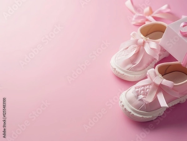 Fototapeta Baby girl shoes with gift box on pastel pink background, soft lighting and shadow, and copy space.