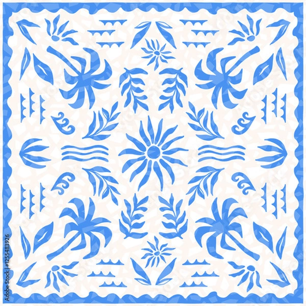 Fototapeta Abstract tropical seamless pattern with palm, leaves, wave and sun. Hand drawn minimal mosaic tile background. Surface cover design. Fabric textile print bandanas.