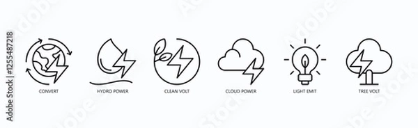 Fototapeta Eco Current Icon Set Isolated Vector With Icon Of Convert, Hydro Power, Clean Volt, Cloud Power, Light Emit, Tree Volt In Outline Style