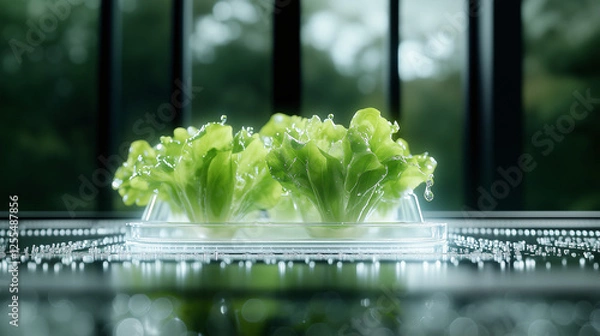 Obraz Bright green leaves in a clear tray against rain and soft light — a concept of growth and natural purity.