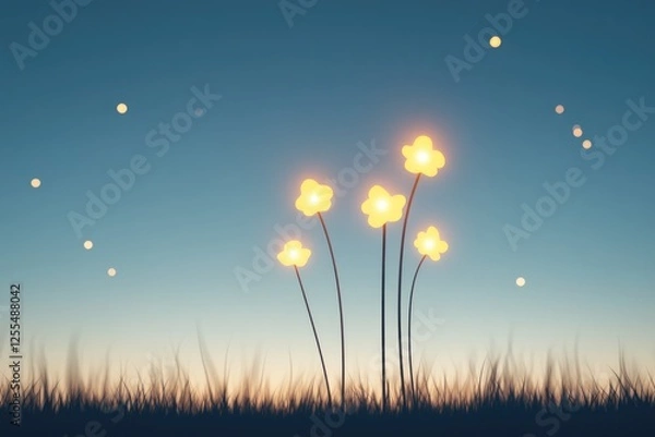 Fototapeta Glowing flowers in a serene twilight landscape with soft grass and stars