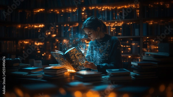 Obraz A young woman carefully studies a glowing book in a dimly lit library. The scene is filled with soft light and sparkles, creating a magical and intellectual ambiance.