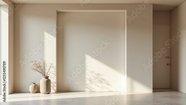 Fototapeta Modern minimalist interior with sunlight streaming through a window onto white walls featuring acoustic panels.