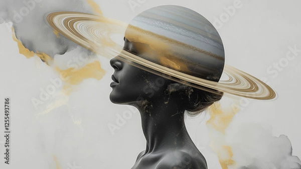Fototapeta Surreal image of a woman with the planet Saturn on her head, made in gold and gray tones in a minimalist style