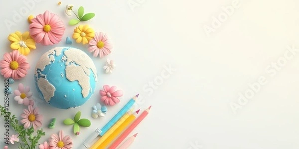 Fototapeta An artistic rendering of a globe, pencils, and flowers placed on the left side of the canvas in a 3D vector style. 