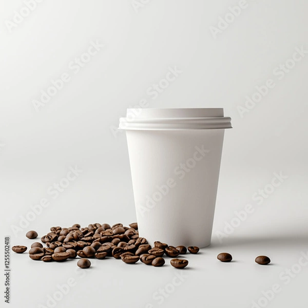 Fototapeta Mockup of White Paper Coffee Cup on White Background with Coffee Beans