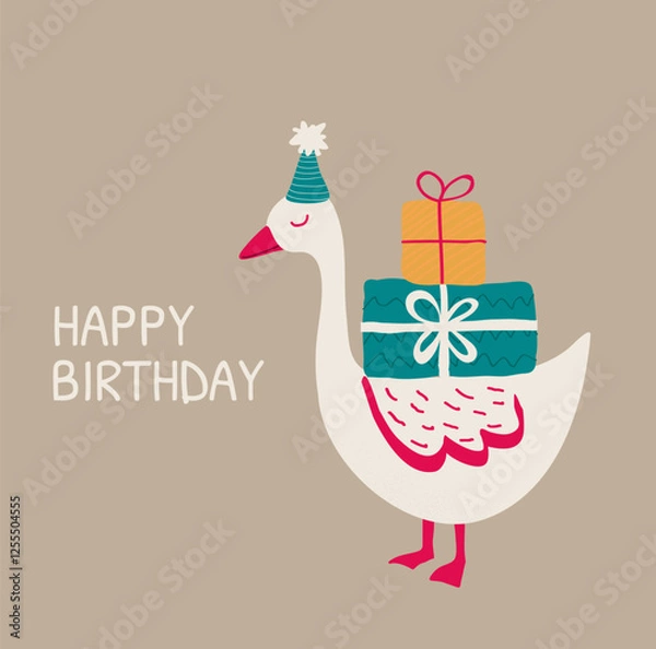 Fototapeta Happy birthday card. Goose with a presents. Silly birthday card. 
