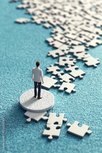Fototapeta A person standing on a puzzle piece, contemplating the scattered pieces around them, symbolizing problem-solving and decision-making.