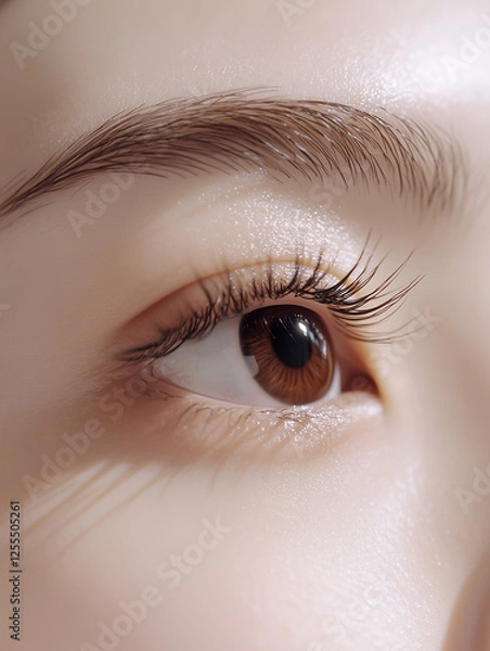 Fototapeta 綺麗な若いアジア人女性の目元を横からクローズアップ撮影｜目・まつ毛・眉毛の美しいメイクの美容ポートレート縦型