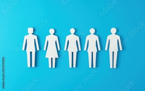 Obraz Five paper cutouts representing different genders and styles against a bright blue background, showcasing diversity and inclusion.