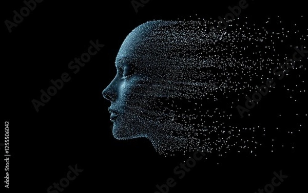 Fototapeta A digital representation of a human face dissolving into particles, symbolizing transformation and the essence of existence.