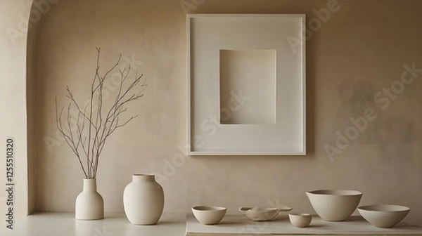 Fototapeta A soft beige Japandi dining space with handcrafted ceramics and a white frame as a focal point.
